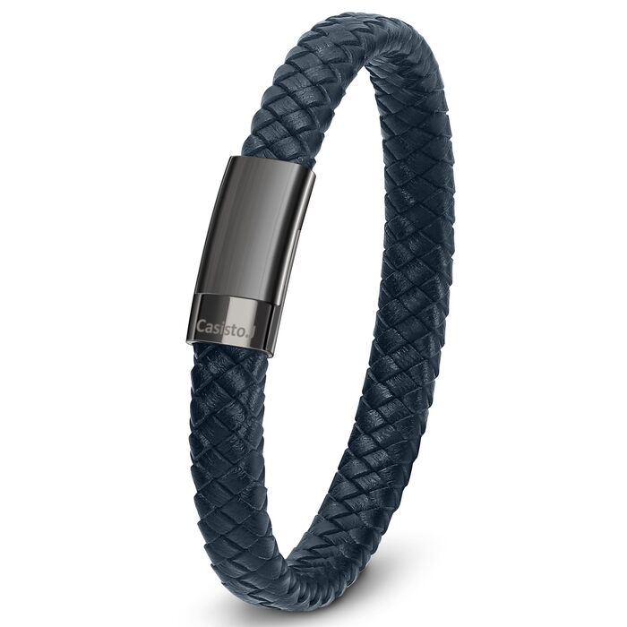 Браслет чоловічий шкіряний плетений Lederarmband з гравіюванням та магнітним застібкою (20 см, синій)
