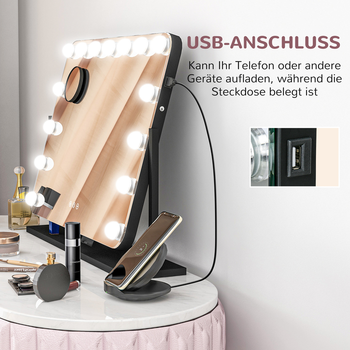 HOMCOM LED Makeup Mirror with 3 Light Modes, Dimmable, Touch Control, USB Powered, 24.4 x 19.5 inches, Black