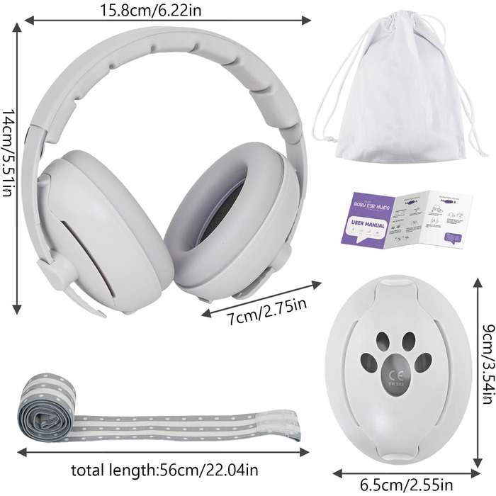 Навушники для дітей 0-4 роки, захист від шуму 24dB, регульоване наголов'я, сірий колір