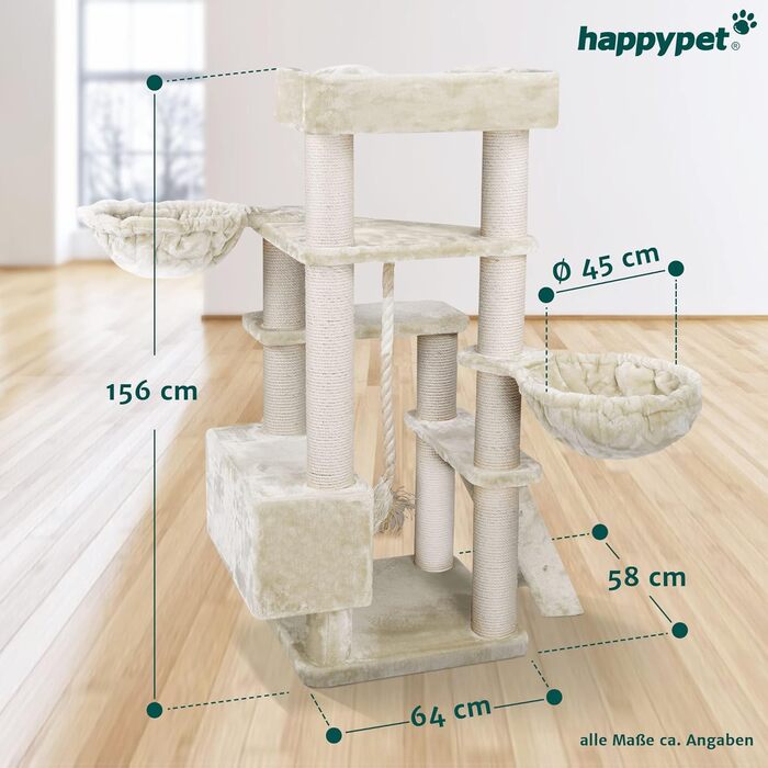 HAPPYPET Драбина для котів Якоб XXL - велика, стабільна, з сизалевими стовпами, товста платформа, для великих порід (кремовий)