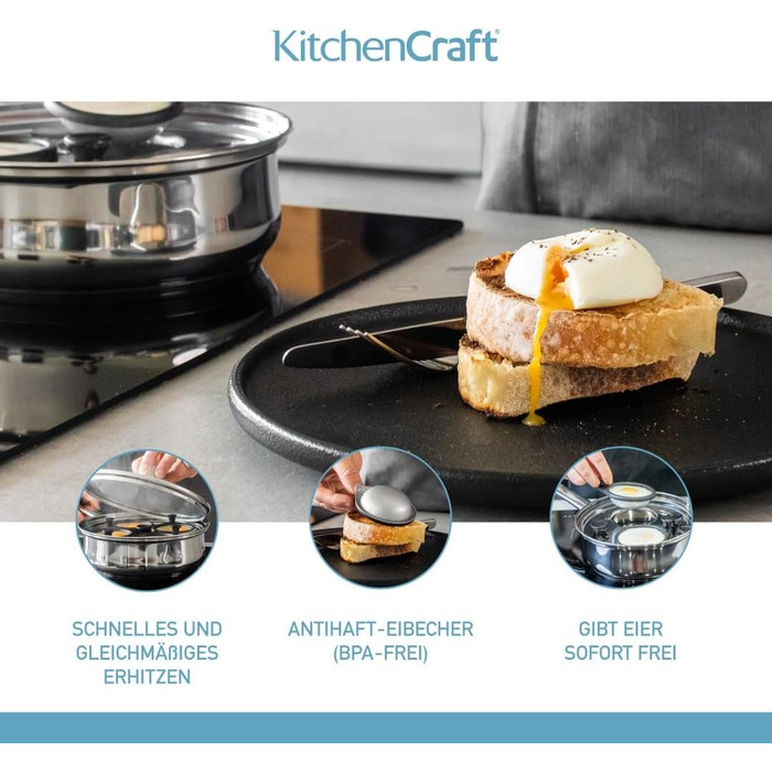 Каструля для приготування яєць-пашот KitchenCraft, антипригарна, з нержавіючої сталі, для 6 яєць, індукційна, 26 см, срібляста