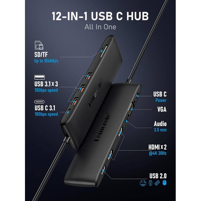 Lemorele Док-станція 12-в-1 з USB-C, 10Gbps, Dual 4K HDMI, VGA, USB 3.1/2.0, 100W PD, SD/TF, Audio для Windows, MacBook, Dell