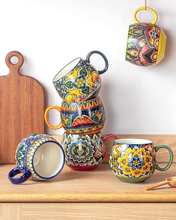 Набір чашок з порцеляни, керамічні чашки капучино/кружки - 600 мл, посуд для 6 осіб, набір чашок для кави - богемний стиль