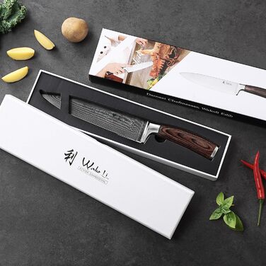 Ніж кухарський Wakoli EDIB з дамаської сталі (серцевина VG10) з 20 см лезом – гострий та збалансований – ніж з дамаської сталі з ручкою з паккавуду в подарунковій коробці – ніж кухарський для професійних та аматорських кухарів (з гравіюванням)