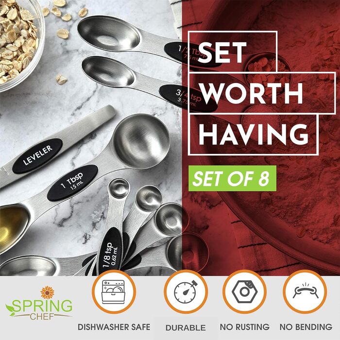 Набір магнітних мірних ложок Spring Chef, нержавіюча сталь, двосторонні, для спецій, срібний