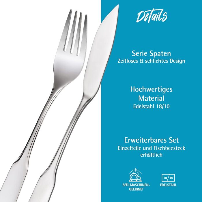GRÄWE Fish cutlery set, 12-piece, fish set for 6 people, fish forks, fish knife, stainless steel cutlery set 18/10, polished, dishwasher-safe, Spaten series