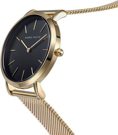 Жіночий годинник Hannah Martin: аналоговий кварц, водонепроникний, з нержавіючої сталі, ультратонкий, сітка-браслет (чорний корпус, золотий браслет)