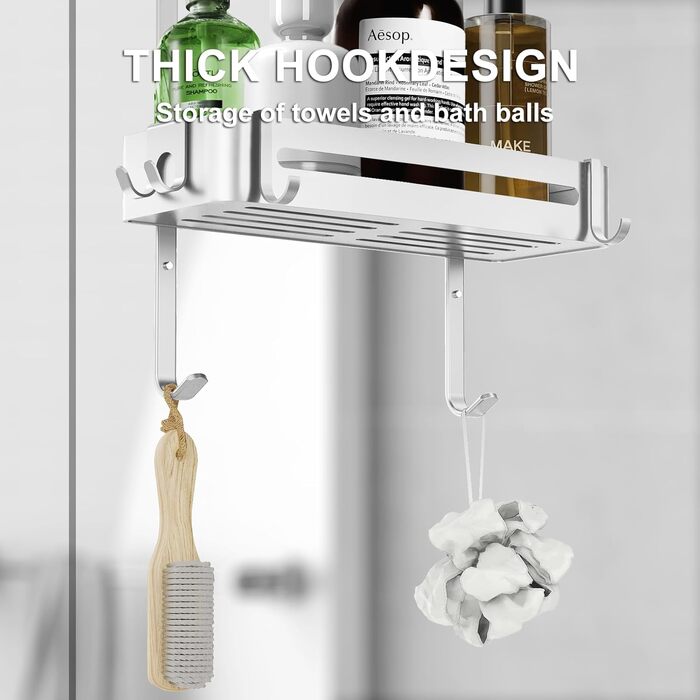 AIGOCITY Shower Shelf for Hanging Without Drilling for Glass Shower Doors, Silver, with 6 Hooks for Frameless Glass Door, Stainless Steel