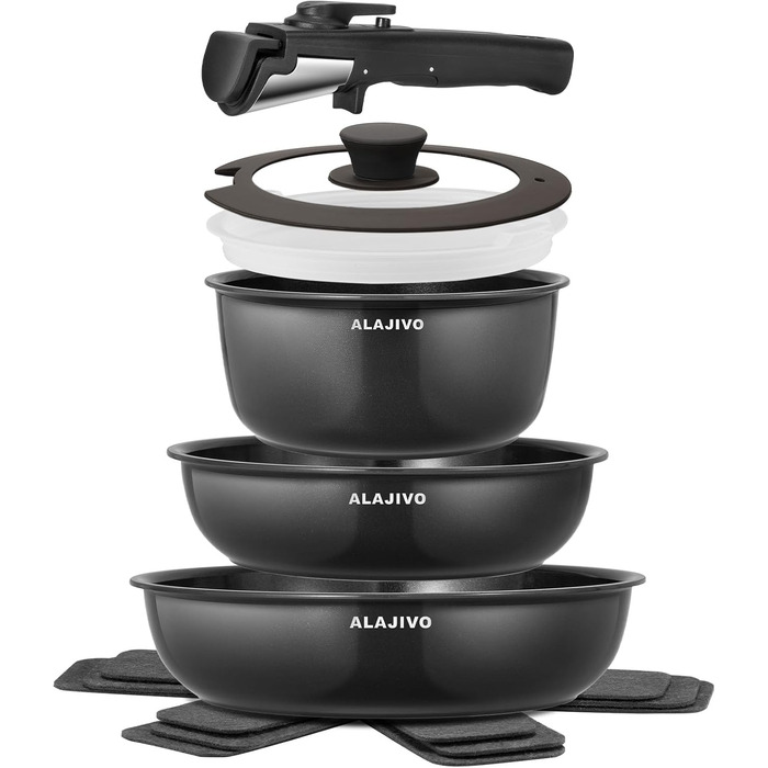 Набір каструль та сковорідок 9-ти частинний з антипригарним покриттям, кераміка, для всіх типів плит, сумісний з духовкою (темно-сірий)