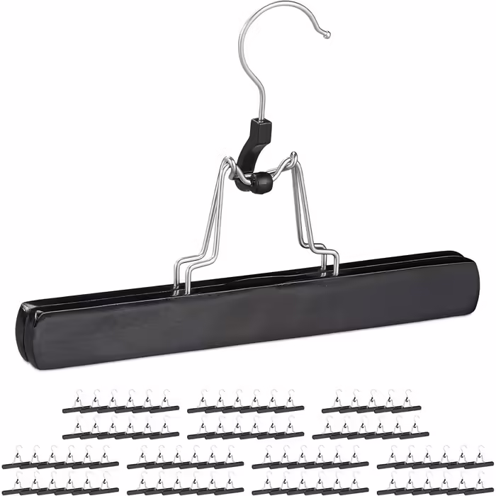Relaxdays 84 x Trouser Clips Wood, 360° Swivel Hook, Felt Protection, HBT 17 x 25 x 2.3cm, Clothes Hanger for Trousers & Skirts, black