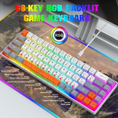 Механічна ігрова клавіатура Snpurdiri з RGB підсвічуванням, компактна, ергономічна, для офісу та ігор (63/68 біло-чорно-оранжева)