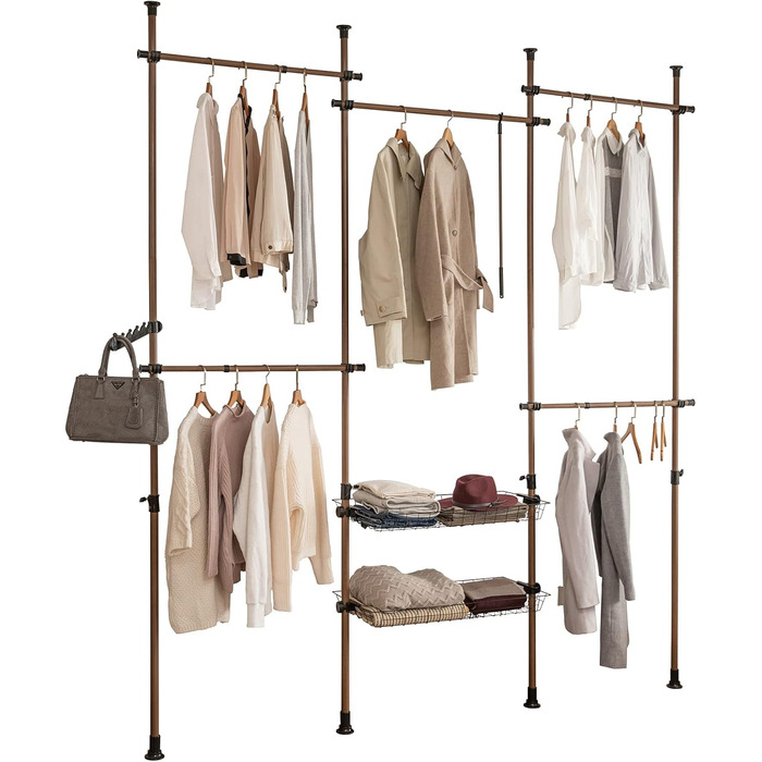 SoBuy KLS04-SCH Telescopic Clothing Rail with 5 Garment Rails and 2 Baskets Telescopic Wardrobe System Adjustable Shelf System B (209-311) x H (200-285) cm (Brown)