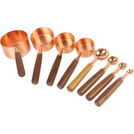 Measuring cups and spoons with wooden handles, 8-piece set, coffee bartender scale, kitchen accessories (Rose Gold)