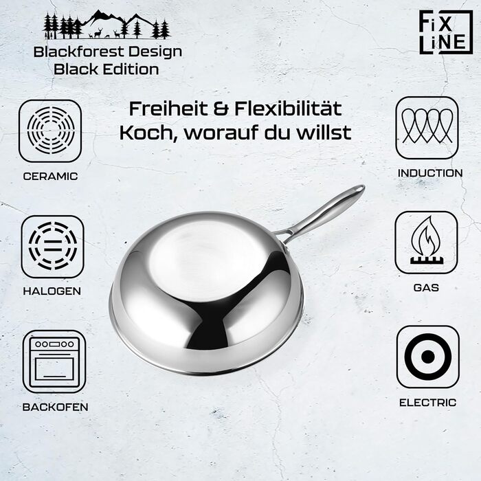 FIXLINE® Сковорода Black Forest 28 см з антипригарним покриттям без PTFE, для всіх типів плит (включно з індукцією), сумісна з духовкою до 230°C, легке очищення, ідеальна ідея для подарунка