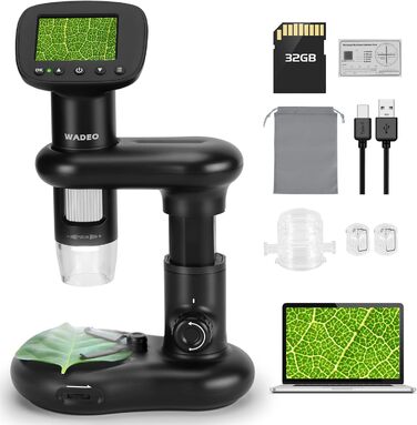 Цифровий мікроскоп WADEO USB HD з 50x-1600x збільшенням, портативна інспекційна камера, кабельне ручне збільшення з 8 LED та стійкою, сумісний з iOS, Android та планшетами (2 дюйми)