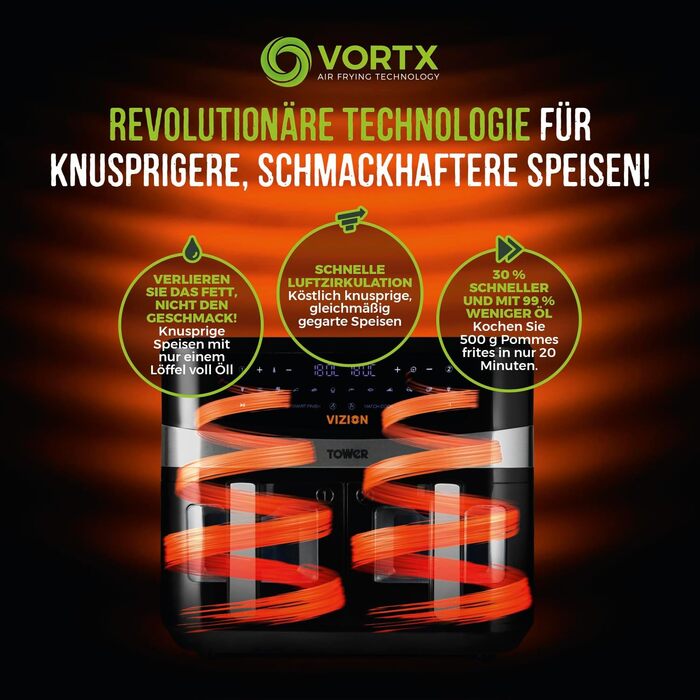 Фритюрниця Tower T17100 Vortx Vizion 9 л з двома кошиками, цифровим управлінням і 10 автоматичними програмами, чорна, аерофритюрниця з подвійним кошиком