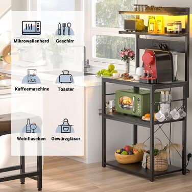 Кухонна полиця-стійка з розеткою, підставка для мікрохвильовки, 5-ярусна кавобар з LED-підсвічуванням, полиця для спецій, каструль та сковорідки (60 см, чорний)