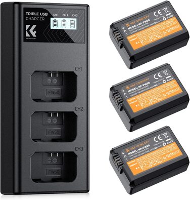 Акумулятор K&F Concept NP-FW50 1100mAh (3 шт.) з трьохслотним LCD зарядним пристроєм для Sony ZV-E10, Alpha A6000, A6300, A6400, A6500, A5000, A5100, a7, a7II, a7R, a7RII, a7S, a7SII
