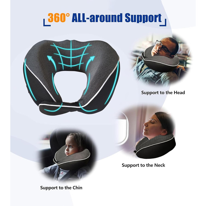 Подушка для шиї у літак, автобус, поїзд: компактна, з memory foam, ергономічна, з чохлом, для комфортного сну