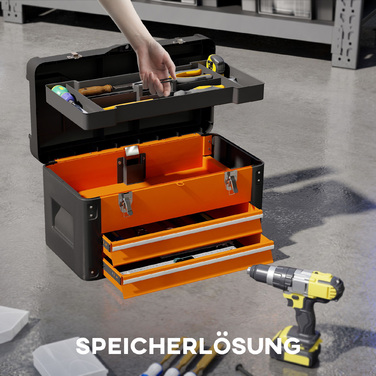 HOMCOM Empty Tool Box, 49.7 x 25.3 x 28.9 cm Tool Case with Drawer, Mini Box, Upper Storage Compartment, Handle, Steel Tool Case, Orange | Aosom