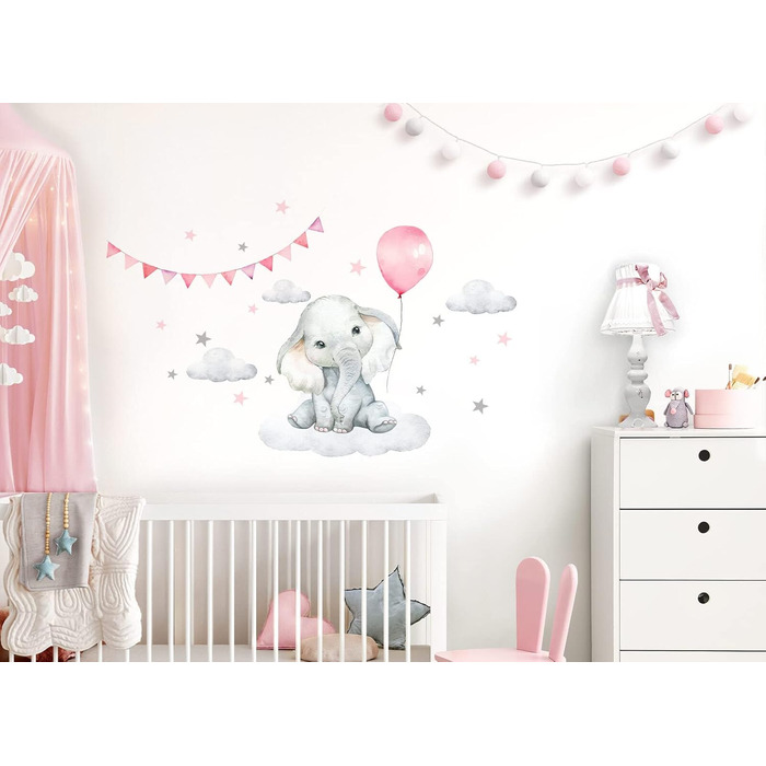 Little Deco Elephant Balloon Wall Sticker, Baby Nursery Wall Decal, DL889-4