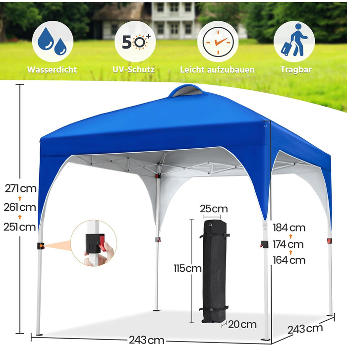 Yaheetech Pop-Up Gazebo 2.4 x 2.4 m, Height Adjustable Garden Gazebo, Waterproof & Sun Protection Party Tent Garden Tent with Rolling Carry Bag for Outdoor Market Garden Yard, Blue