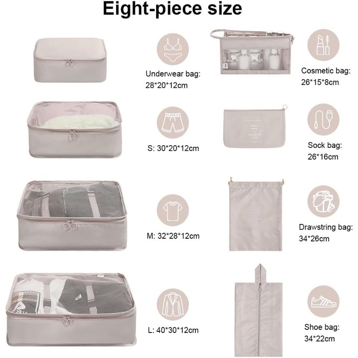 Органайзер для валізи OSDUE 8 шт. - Набір кубиків для пакування, водонепроникні сумки для подорожей, органайзери для валізи, косметичка, мішок для взуття, кишеня для USB-кабелів (Бежевий)