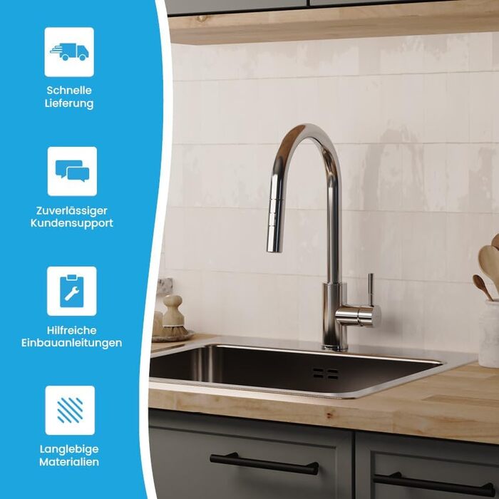 Кухонний змішувач Bächlein Plivo з нержавіючої сталі з висувним виливом, 360° обертання, для кухні, масивний, нержавіюча сталь