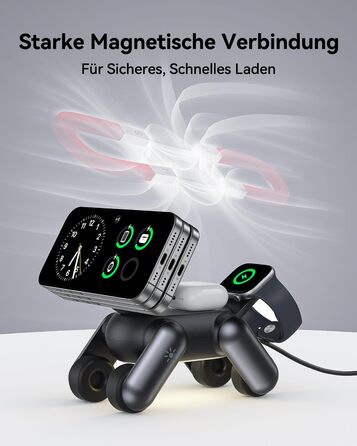 Зарядна станція 3-в-1 для Apple Watch, iPhone 17e/Air/17/16/15/14/13/12, AirPods Pro/2/3 з нічником, чорна. MagSafe сумісність.