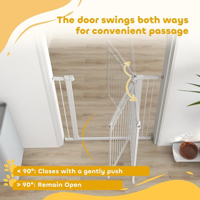 PawHut Бар'єр для собак, ворота з регульованою шириною 76-104 см, захисний ґрат для собак з 2 розширеннями, подвійний замок та маленькі дверцята для сходів та дверей, білий