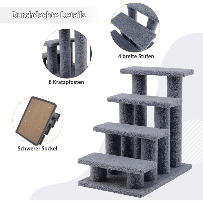 Сходи для котів SOARS, 4 сходинки, для тварин до 25 кг, сходи для собак, комплекс для котів, 61 x 41 x 60 см (Сірий)