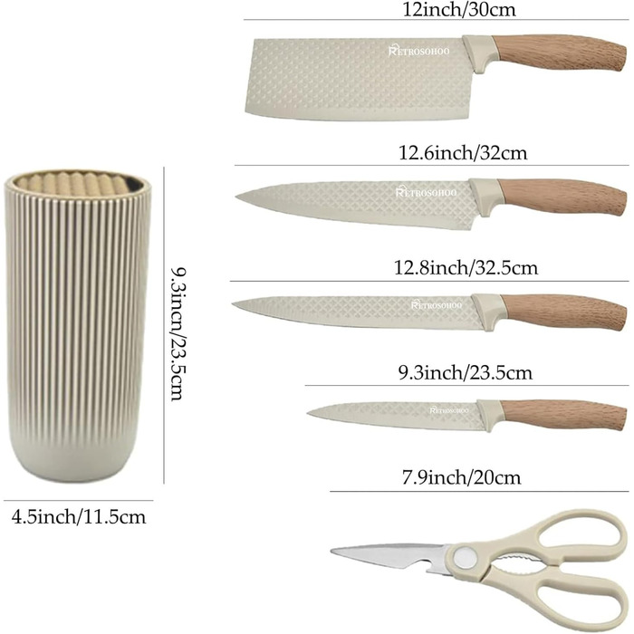 Набір ножів Messer Set, 6 предметів, хакі. Набір кухонних ножів з нержавіючої сталі з антипригарним покриттям та блоком для ножів. Підходить для дому, ресторану, пікніка.