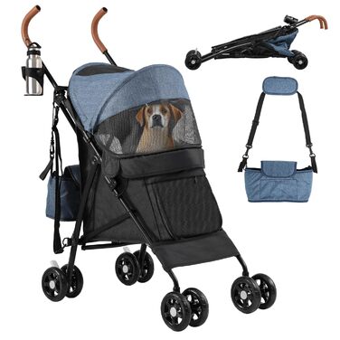 Візок для собак та котів DWVO, до 11,3 кг, складний, з подушкою та кошиком для зберігання, блакитно-чорний (45x80x103 см)