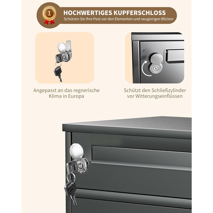 Поштовий ящик вуличний Edestah Anthrazit з газетницею (37x37x10 см), персоналізований з табличкою для імені, захист від реклами, поштова скринька