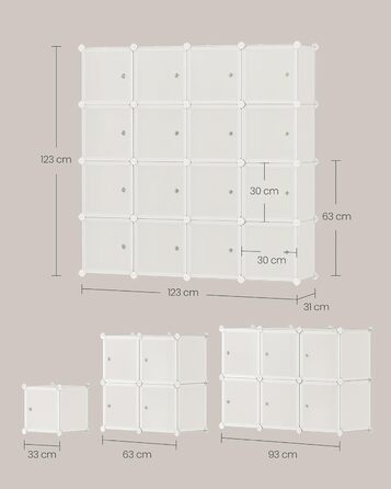 SONGMICS Regal System, Shoe Rack, Set of 16 Cubes, Plastic Closet Organizer with Doors, Modular Shelf, Storage for Clothes, Shoes, and Books, Easy Assembly, LPC443G01 (16 Cubes (123B x 123H cm), Cream White)