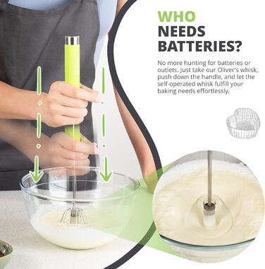 Ручний міксер Oliver's Kitchen® Hand-Quirl - Автоматичний вінчик для яєць, масла, вершків, кави, коктейлів | Без батарейок, компактний, зелений