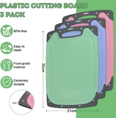 Набір з 3 дерев'яних обробних дощок з пластику, великі, кухонні, з антибактеріальним покриттям, з жолобом для соку та пресом для часнику, червоного, жовтого, зеленого кольорів