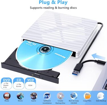 Зовнішній DVD-привід USB 3.0 та Type-C, портативний CD/DVD+/-RW записувач для ноутбука, ПК, MacBook, Windows, MacOS, Linux (Білий)