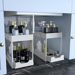 DEKAVA Kitchen Organizer, 2 Under Sink Shelf, Closet Kitchen Organizer with 4 Hooks, Closet Basket for Kitchen, Bathroom, Cleaning Supplies, Detergent (White/Opulent Garden)