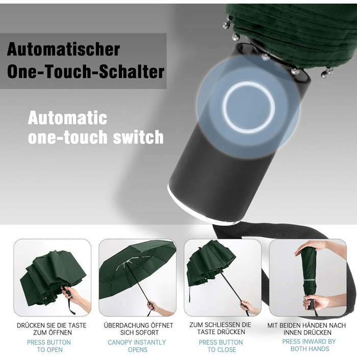 Зонт Herreicher туристичний автоматичний штормостійкий, зелений - легкий алюмінієвий каркас, компактний, 102 см, 10 ребер, для чоловіків/жінок/дітей/літніх людей