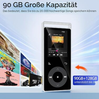 MP3 плеєр 90GB з Bluetooth 5.3 та HiFi звуком, сенсорним керуванням, кольоровим дисплеєм та FM-радіо, металевий корпус, підтримка карт пам'яті до 128GB, чорний/сріблястий