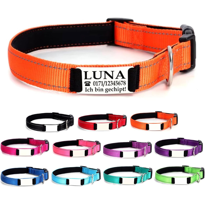 Персоналізований нашийник для собак з іменем, відбиваючий (помаранчевий), L (25-40 см)