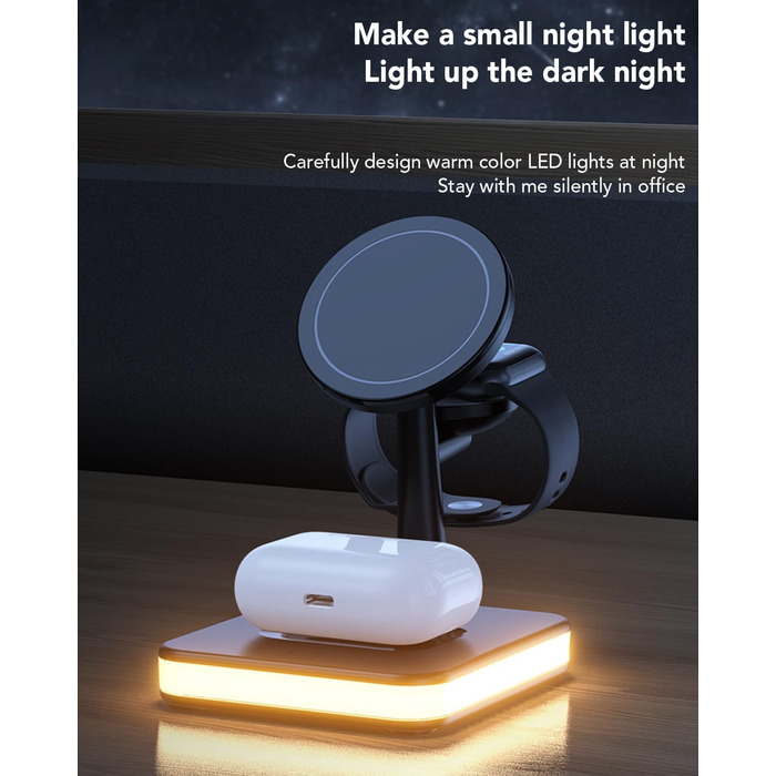 Бездротовий зарядний пристрій 4-в-1 з підсвічуванням та USB-портом для Apple iPhone, iWatch, AirPods (Чорний)