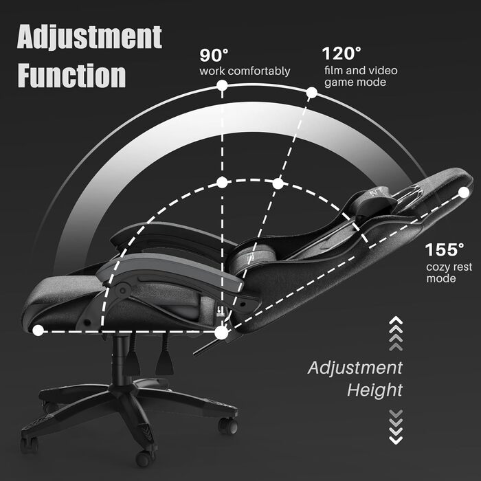 Геймерське крісло Bigzzia Ergonomic: з подушкою для попереку та голови, регульована висота, для комп'ютера, для дорослих та підлітків (сірий)