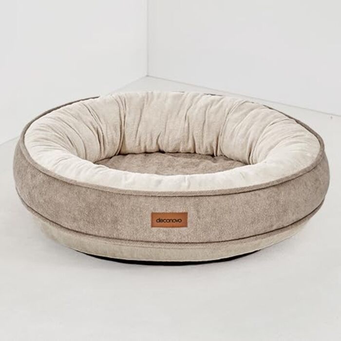 Кругле м'яке ліжко для собак та котів Deconovo, діаметр 61 см, ортопедичне, знімний кошик, Khaki
