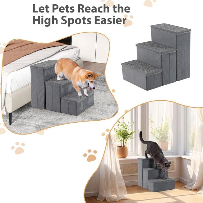 Сходи для собак SOARS, складані, з місцем для зберігання, неслизькі, до 50 кг, для котів та собак, під ліжко/диван (сірий, 3 сходи, 38 x 51 x 45 см)