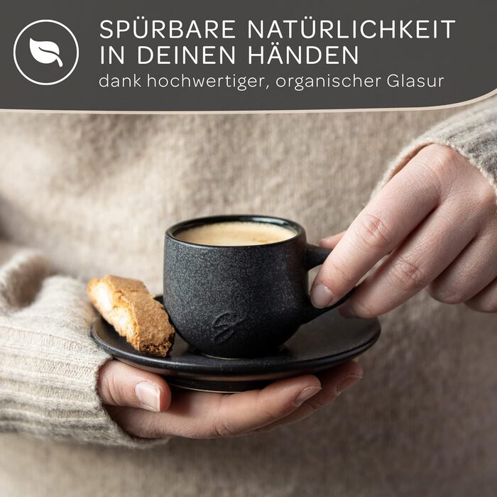 Stone Age Design Espresso Cups (6x80ml) - Espresso Cup Set with matching saucers - Espresso coffee cups made from 100% handmade - stackable cappuccino cups in black