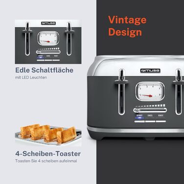 Тостер Muse MS-131 BC із нержавіючої сталі, ретро-дизайн, 4-х місний, 6 рівнів підсмажування, з підсвічуванням, з шухлядою для крихт (сірий)
