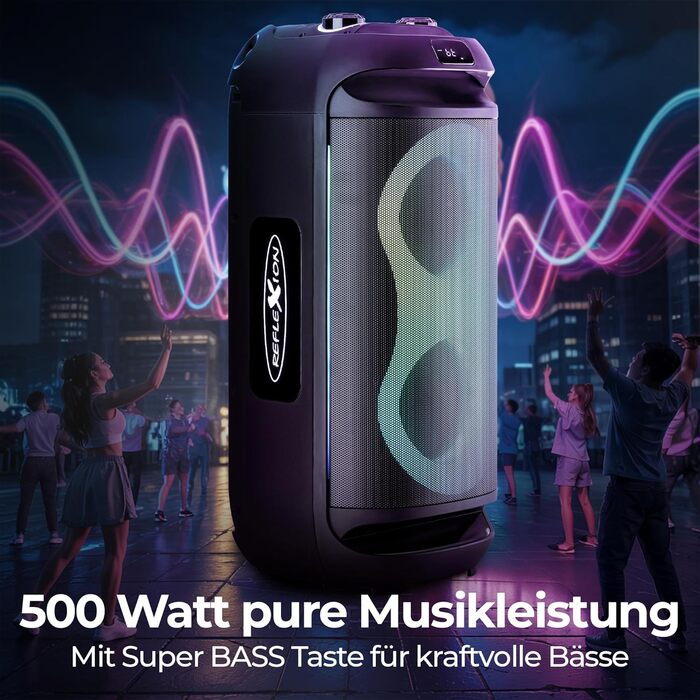Reflexion PS09BT Bluetooth Портативна Акустика для Вечірок, DJ, Караоке, 500 Вт, FM Радіо, LED Ефект, Мікрофон, Вбудований Акумулятор, Чорний