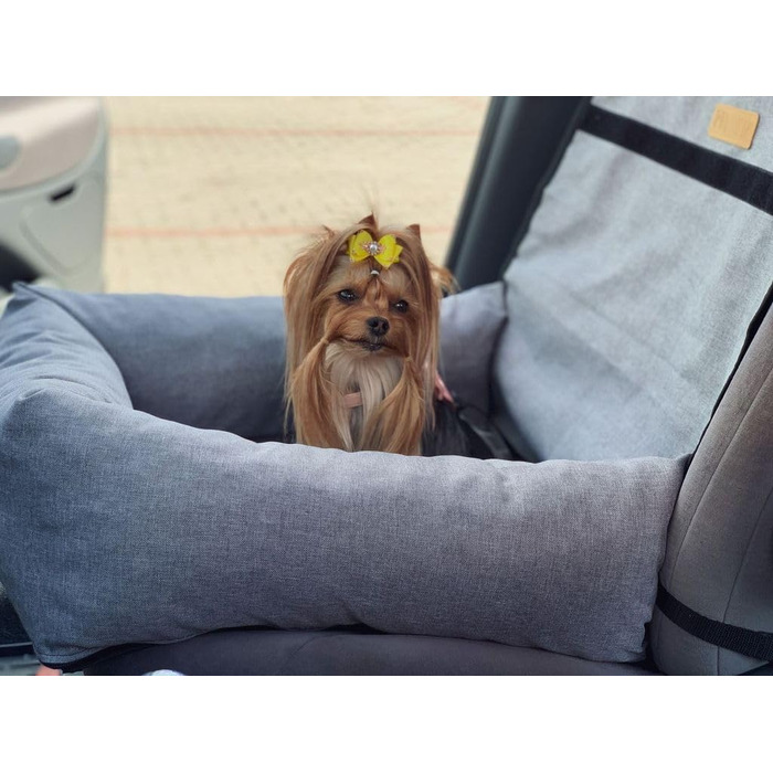 Крісло-ліжко для собак Petsen з іменем, сіре. Зручне автокрісло для собак маленьких порід, автоліжко з ліжком та поводок.